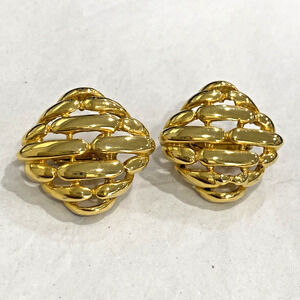 Vintage clip on earrings goldtone rope textured chunky squares 1980s boss lady